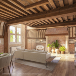 Espace lumineux avec canapé clair et poutres en bois.