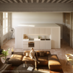 Séjour contemporain avec grande baie vitrée et cuisine intégrée.
